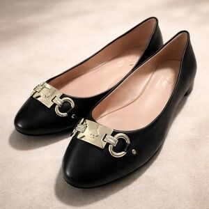 NWOB Kate Spade Payton Ballet Flats Black Leather Silver Logo Slip-On